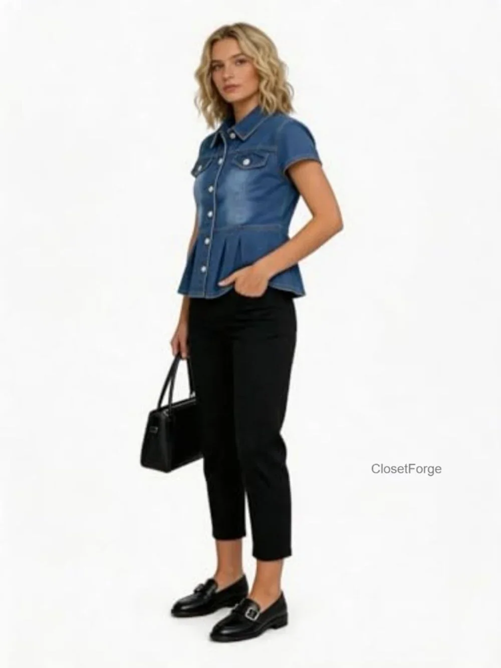 Women's Cap Sleeve Denim Jacket with Peplum Raw Hem and Pockets